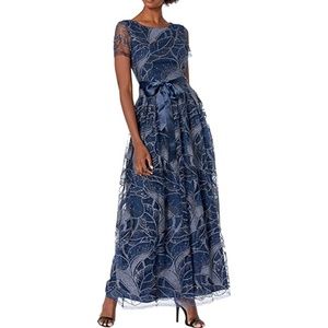 Tahari By Asl Short Sleeve Embroidered Evening Gown in Midnight Navy